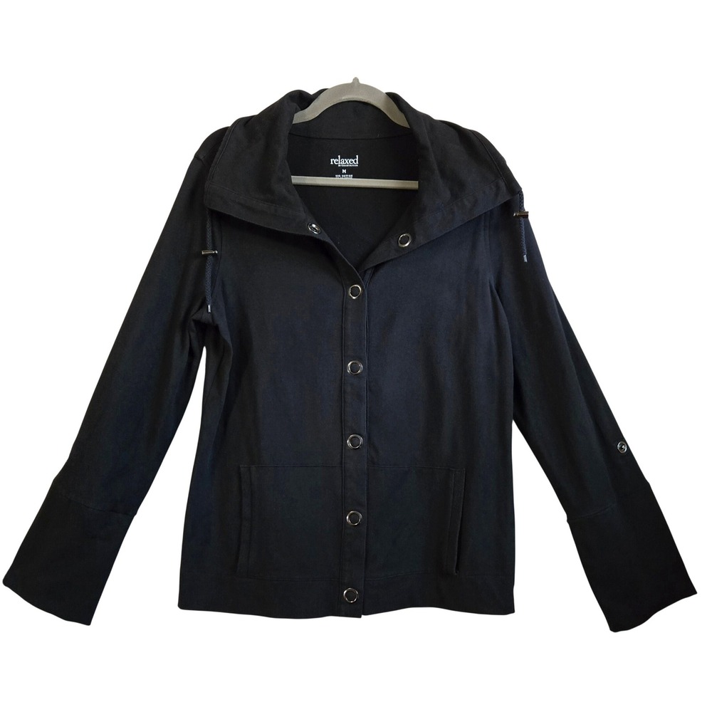 Charter Club Relaxed Black Funnel Neck Snap Front Jacket Tab Sleeve Womens M - Picture 1 of 9